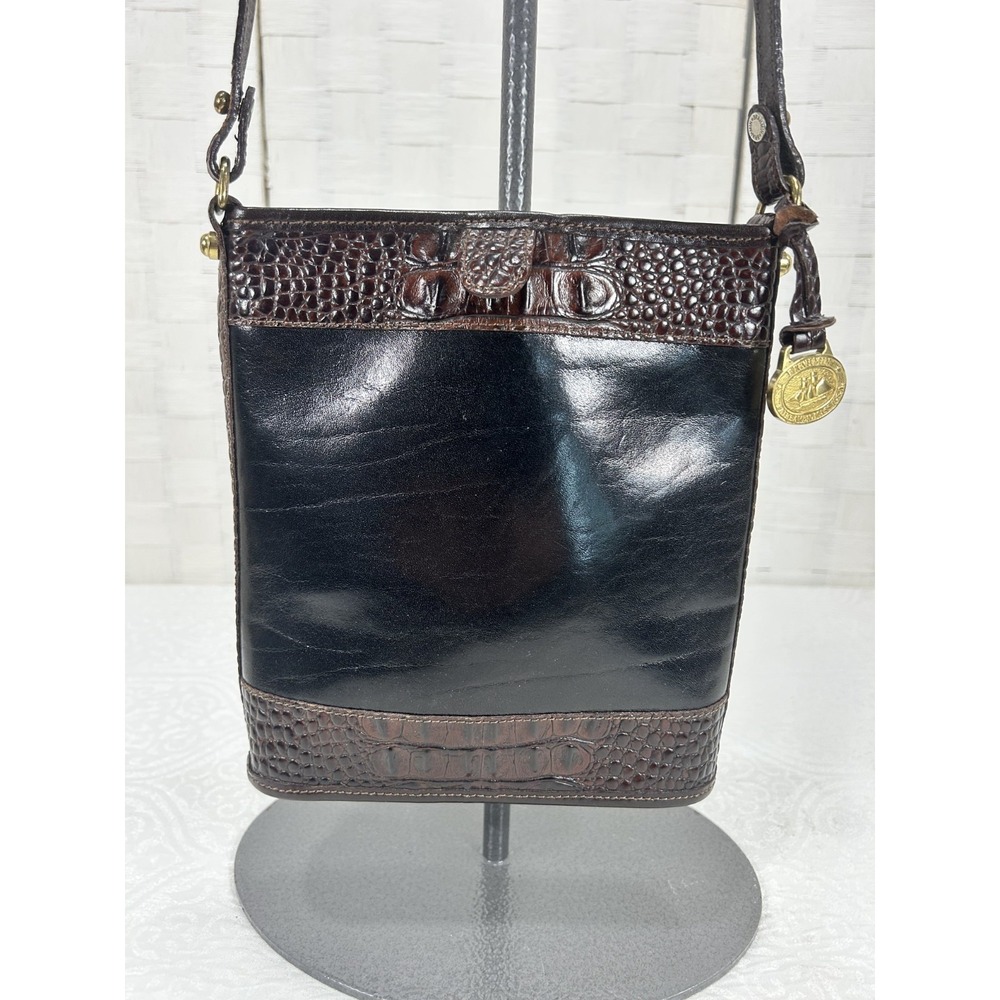 Vintage Brahmin Tuscan Black leather bucket crossbody bag croc embossed trim